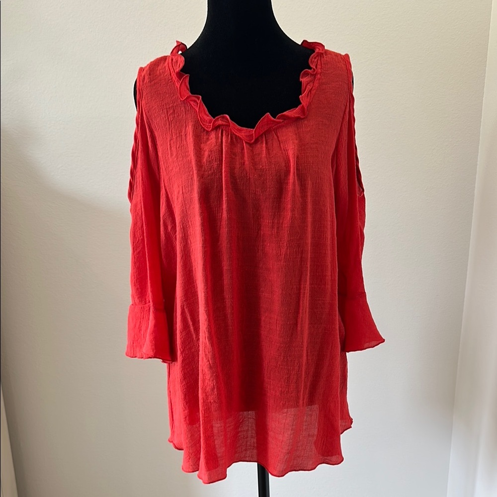 Women's Red/Orange Ruffle Top with Open Shoulder with 3/4 Bell Sleeves.